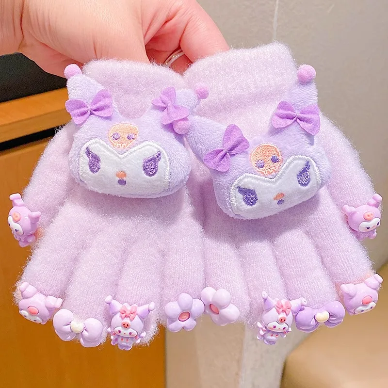 Kawaii Sanrio Children Gloves Girls Fall and Winter New Kuromi Five-Finger Cover Padded Warm Cold Split-Finger Gloves Kids Gift