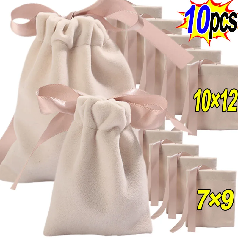 5/10pcs Ribbon Bow Velvet Jewelry Bags Thicken Necklace Bracelet Storage Box Flannel Velvet Drawstring Display Packaging Pouches