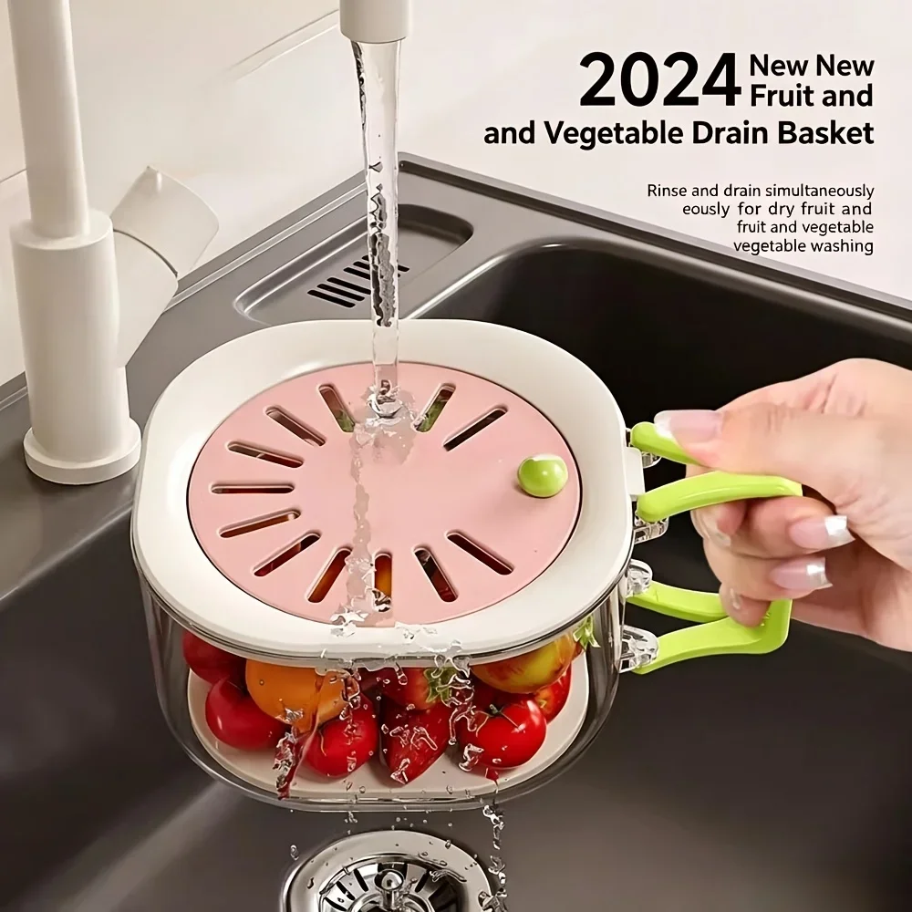 2-in-1 Double Layer Drain Basket Fruit Drainer Container with Foldable Handle Food Strainer Thickened Fruit Plate Easy to Clean