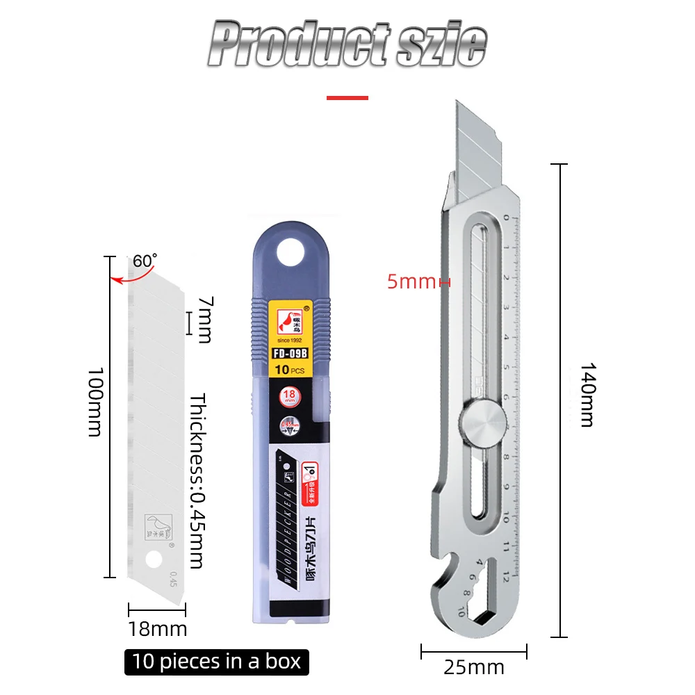 6 In 1 Multi-Function Stainless Steel Utility Knife Tail Break Design/Ruler/Bottle Opener Retractable Box Cutter Art Supplies