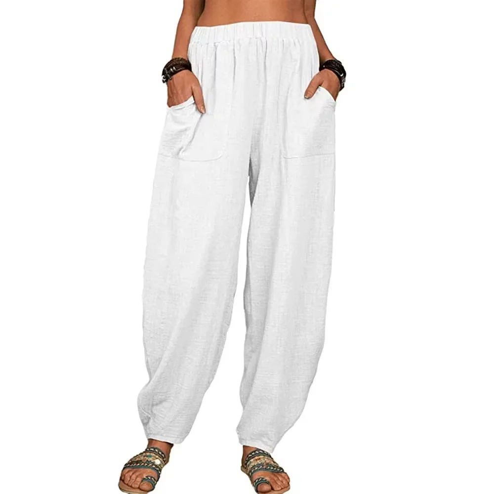 Women's Cotton Hemp Wide Leg Pants Summer Casual Vintage with Pockets Thin Beach Trousers Elastic Waist Retro Loose Harem Female