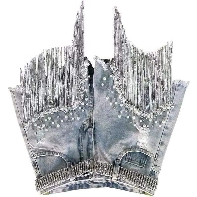 

Denim Shorts Women's Summer Clothes High Waist Thin Heavy Industry Beaded Sequined Fringed Broken Copper Jeans Exquisite Simple