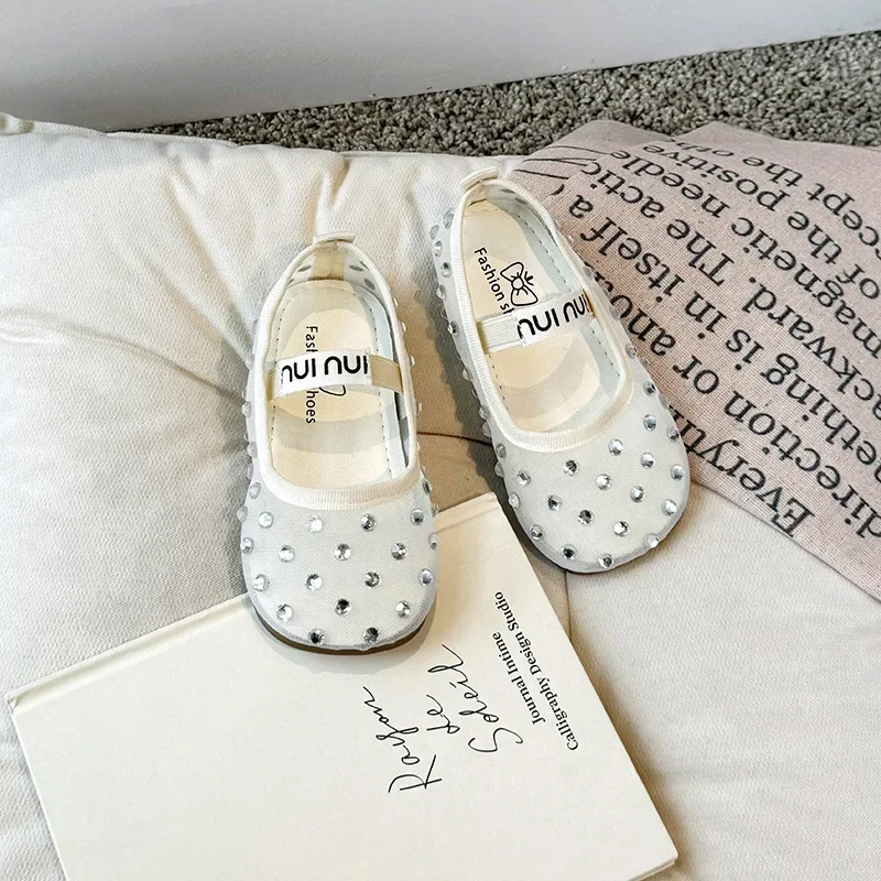 Summer Breathable Lace Mesh Ballet Flats Kids Girls Luxury Brand Design Crystal First Walkers Shoes Baby Children Bling Zapatos