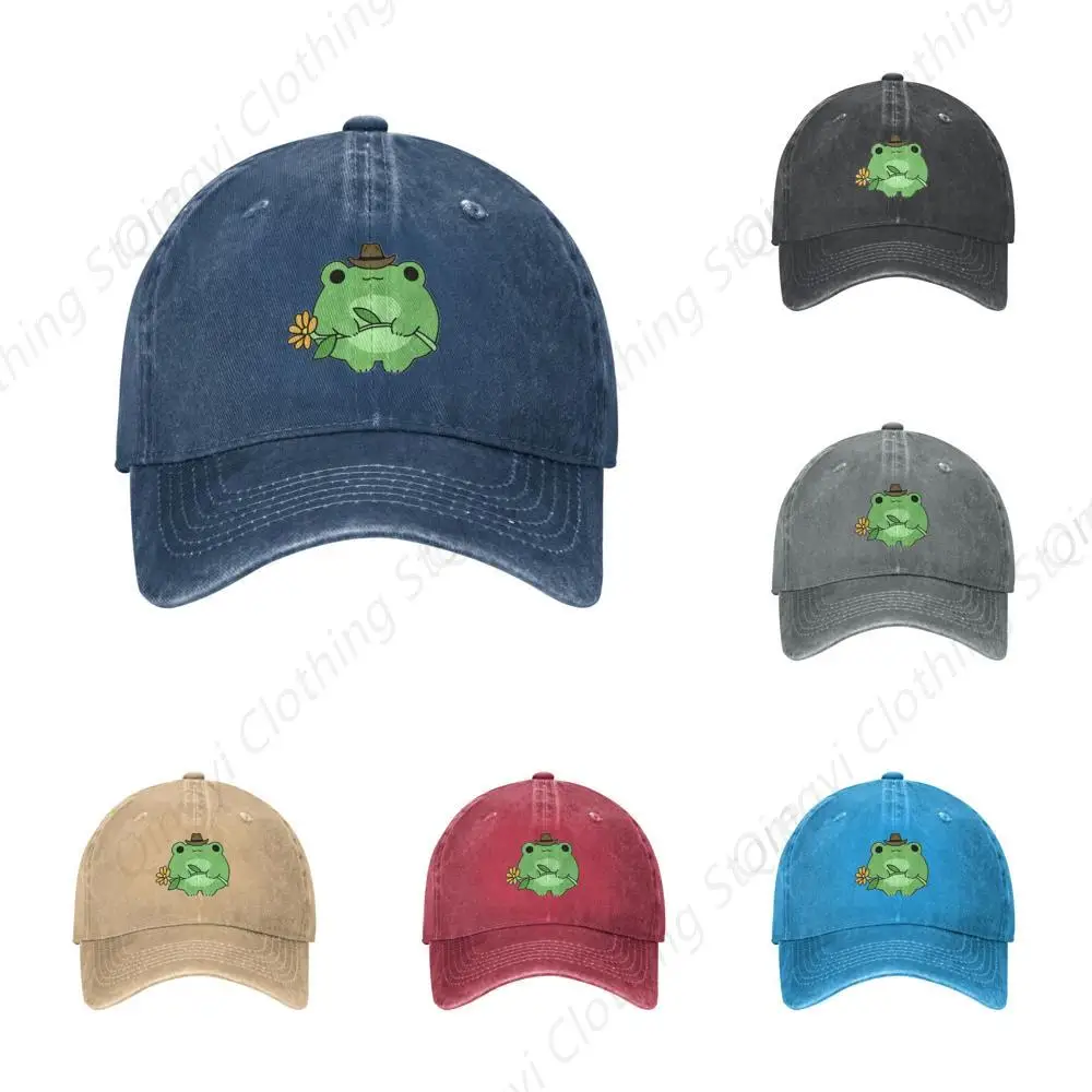 

Cute Frog Flower Navy Vintage Distressed Adjustable Washed Denim Cotton Trucker Hat Black Fitted Baseball Ball Cap Unisex