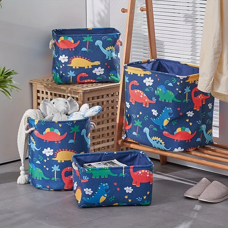 1pc Dinosaur Print Fabric Toy Storage Bin for Kids, Thickened Square/Cylinder Laundry Basket, Multi-Purpose Clothes Organizer