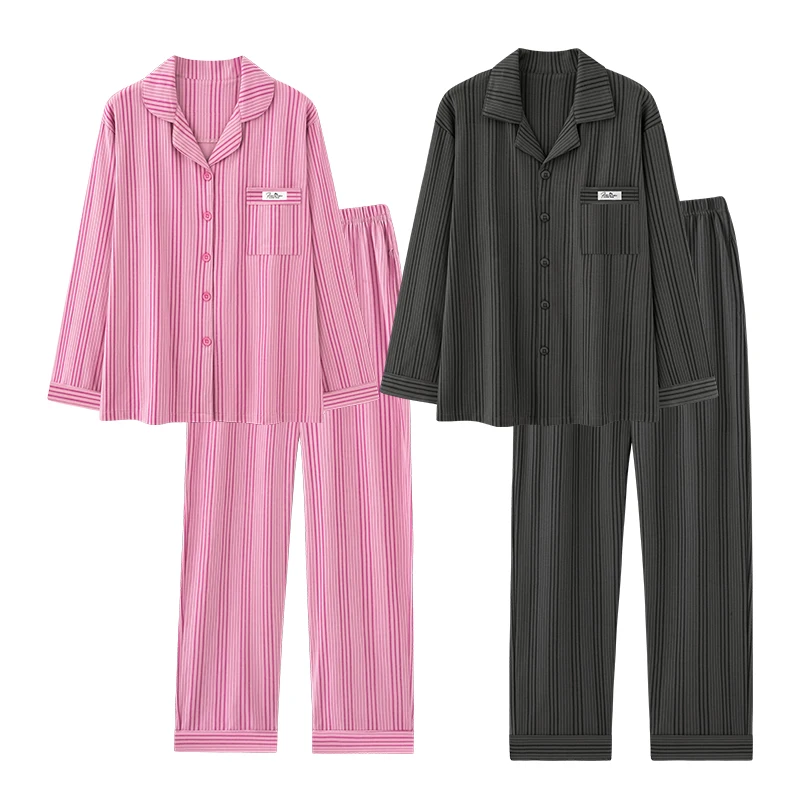 الأزواج منامة مجموعة القطن ملابس علوية بأكمام طويلة للربيع مخطط النساء منامة دعوى الخريف نوم طوق بيجامة الذكور ملابس خاصة قطعتين