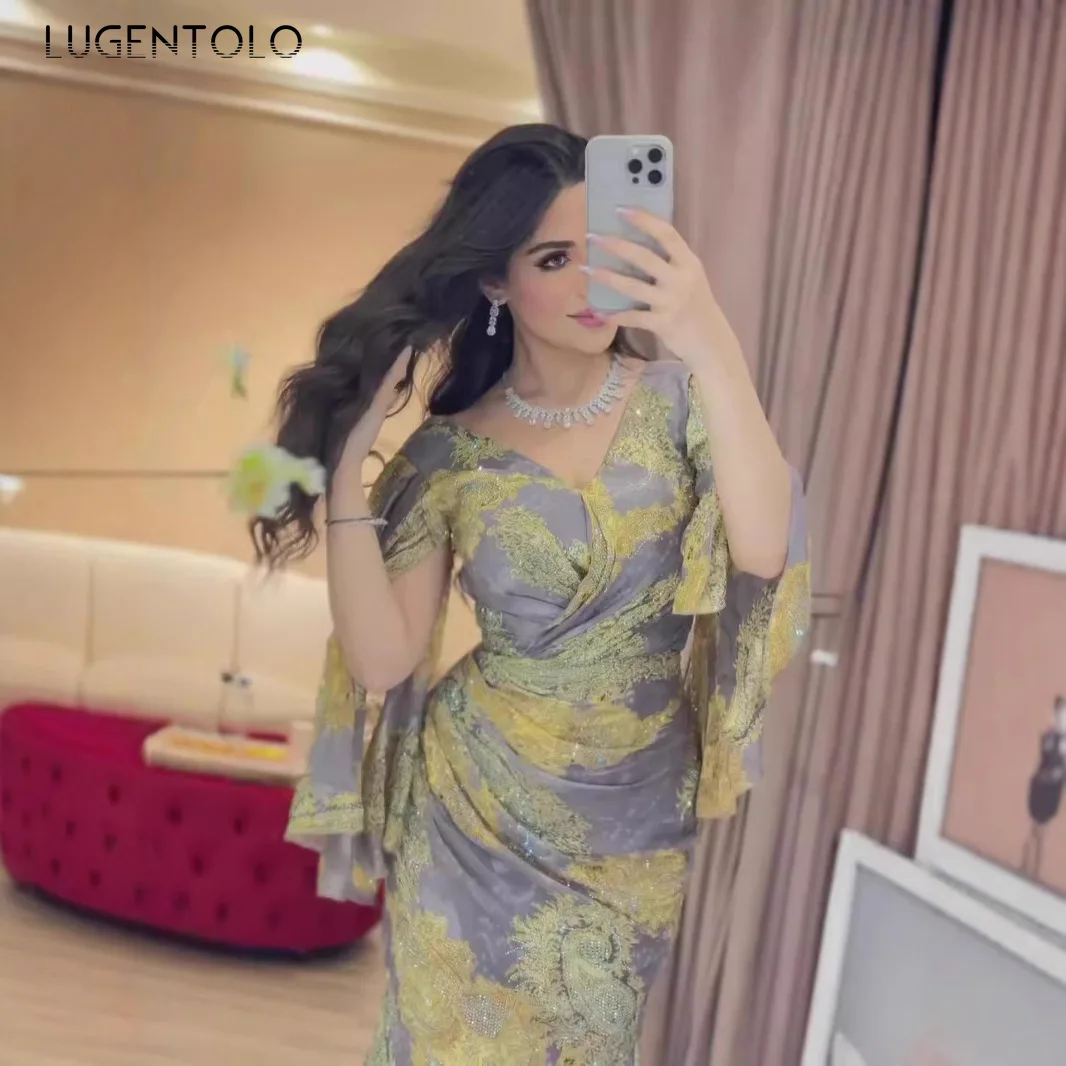 المرأة الشيفون فستان مثير كبير سوينغ طباعة مأدبة طويلة الأكمام الخامس الرقبة سليم سيدة أنيقة كوكتيل حفلة الإمبراطورية ملابس جديدة