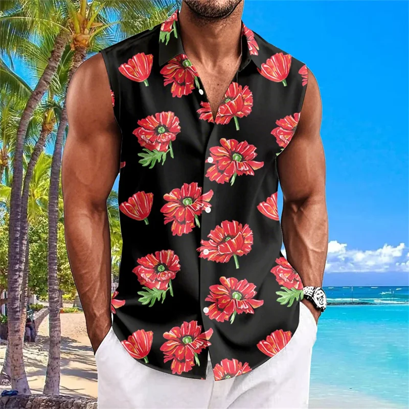 Men's sleeveless T-shirt style shirt, new summer Hawaiian style shirt, breathable and comfortable 3D printed men's top.
