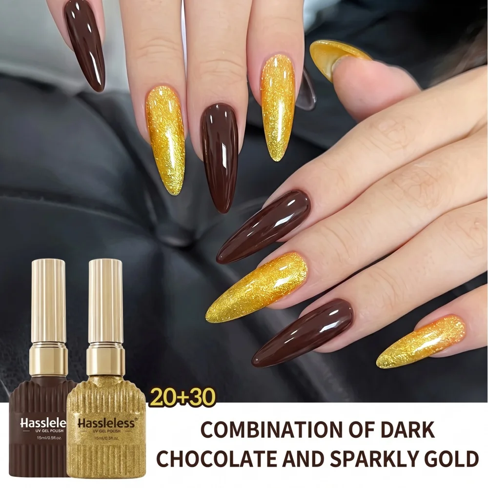 Hassleless Deep Chocolate Brown Glitter Nail Polish Gel 2Pcs, Maillard Autumn Nail Color Series, Solid Brown and Shimmering Nail Polish Gel, Elegant Autumn and Winter DIY Nail Kit