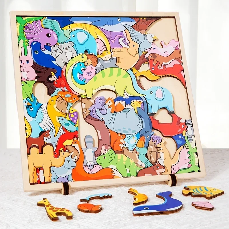 Wooden Animal Matching Puzzle 77PCS Double Sided Jigsaw Board Preschool Early Learning Toy for Toddlers Educational Gift Box