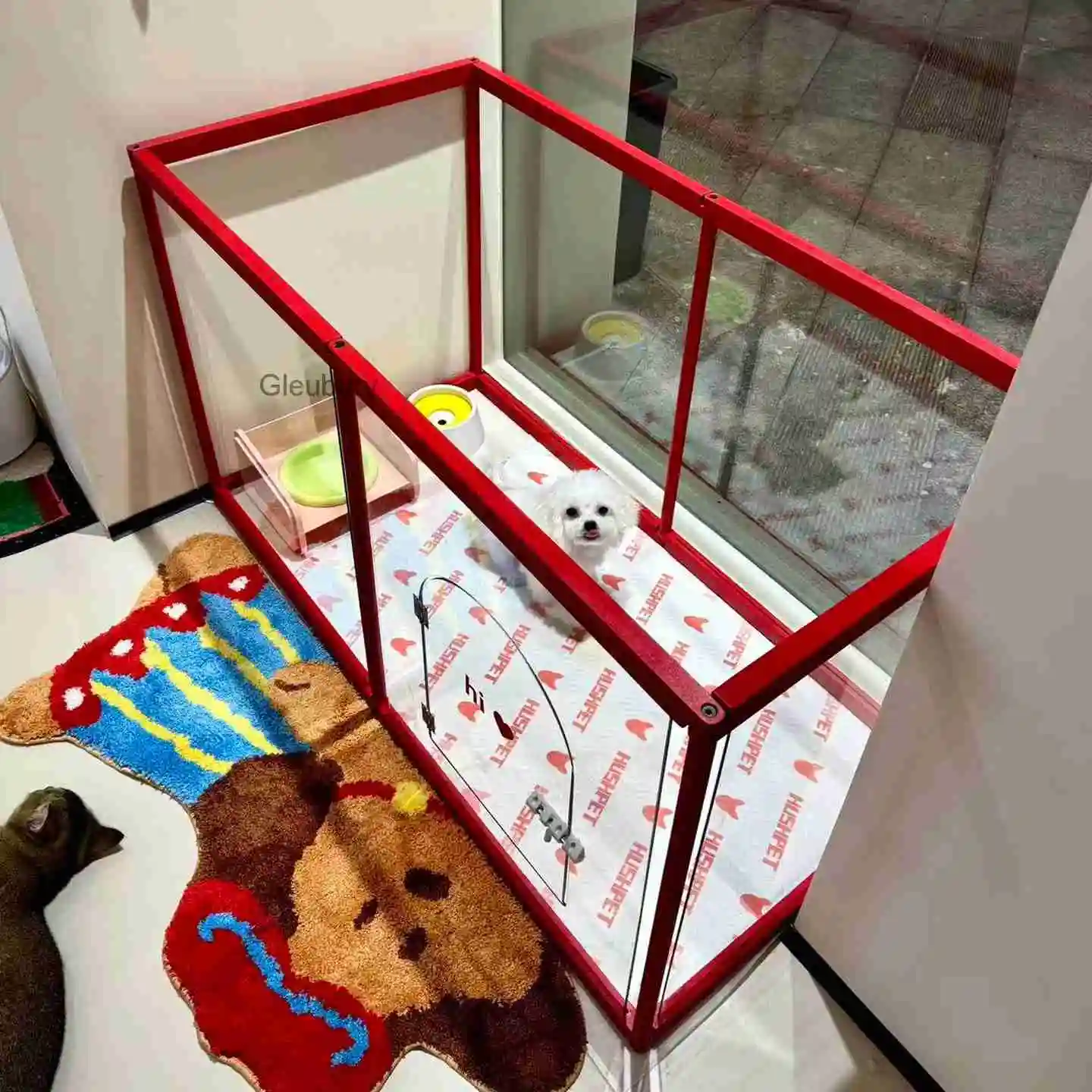 Red Solid Wood Dog Fence Cage Small Dog Indoor Transparent Acrylic Pet Cage High-Value Home Dog House