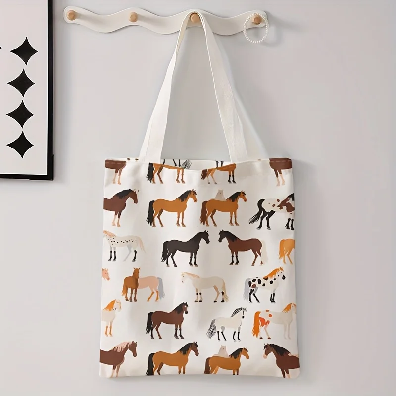 Tragetasche aus Polyester mit Pferdemuster-Aufdruck, wiederverwendbare modische Tragetasche mit Alphabet-Aufdruck, multifunktionale Handtasche für Einkaufstaschen