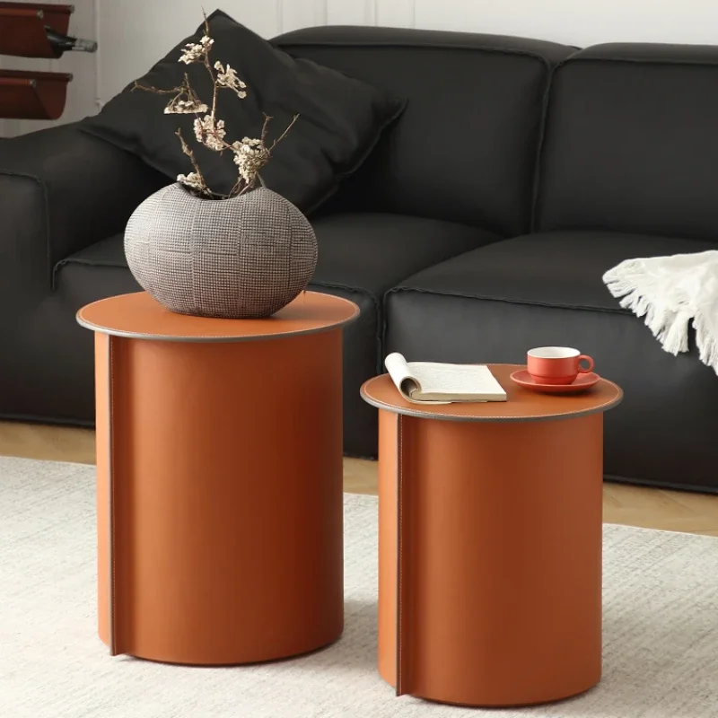 

Saddle leather round coffee table light luxury small apartment sofa side table antique Internet celebrity leather round table