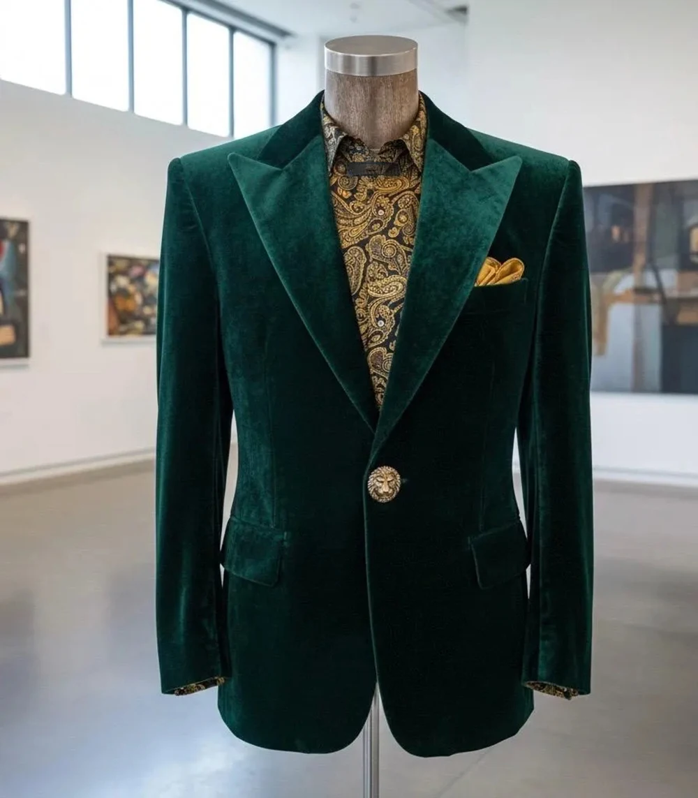 Fluwelen warme bruiloft jas voor mannen piek revers enkele rij knopen overjas slim fit zakelijke kleding 2 stuks blazer broek op maat gemaakt