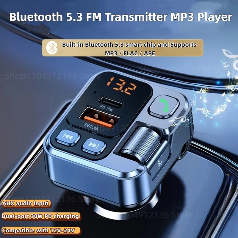 بلوتوث 5.3 FM الارسال شاحن سيارة 30 واط PD USB-C شاحن سريع راديو السيارة مع هيئة التصنيع العسكري للأيدي اللاسلكية مكالمة مجانية مشغل MP3