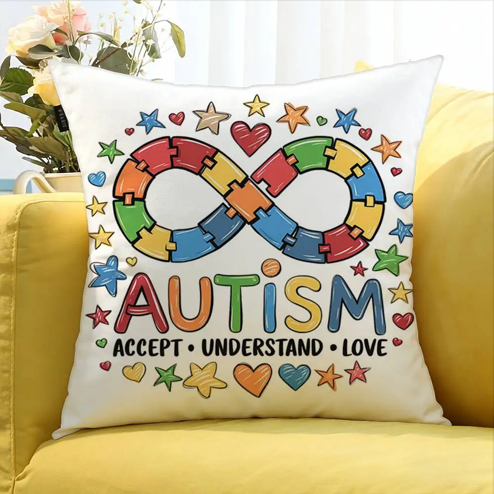 For Accept Support Love Autism Pride Symbol Rainbow World Various Sizes Square Pillow Case For Car Home Bedchamber Decor