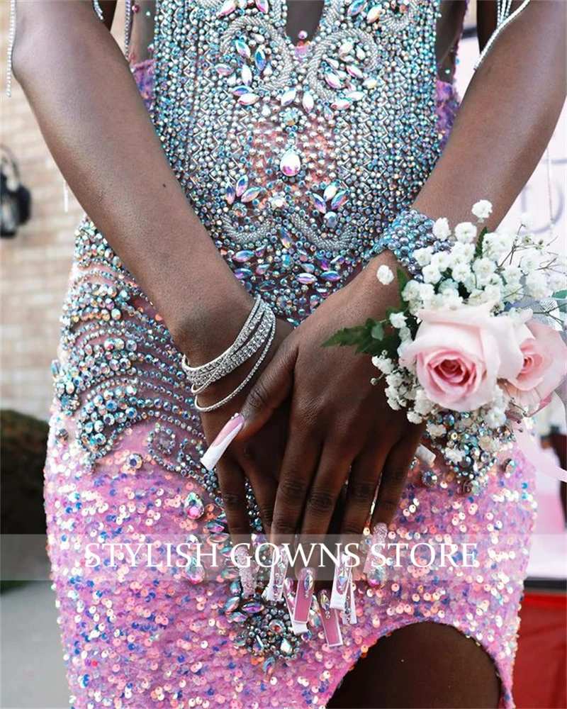 Abiti da ballo lunghi con paillettes rosa O collo per ragazze nere abito da festa di compleanno con diamanti in cristallo scintillante abito con nappe a fessura alta