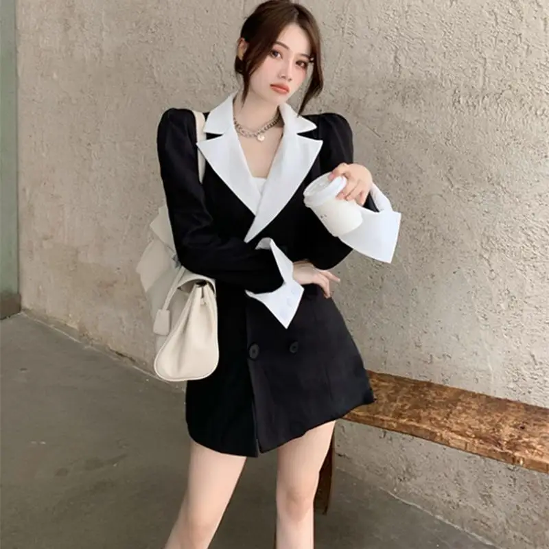 New Blazers for Women Spring Autumn Office Lady Patchwork Suit Dress 2023 Korean Graceful Black Double Button Long Jacket Female