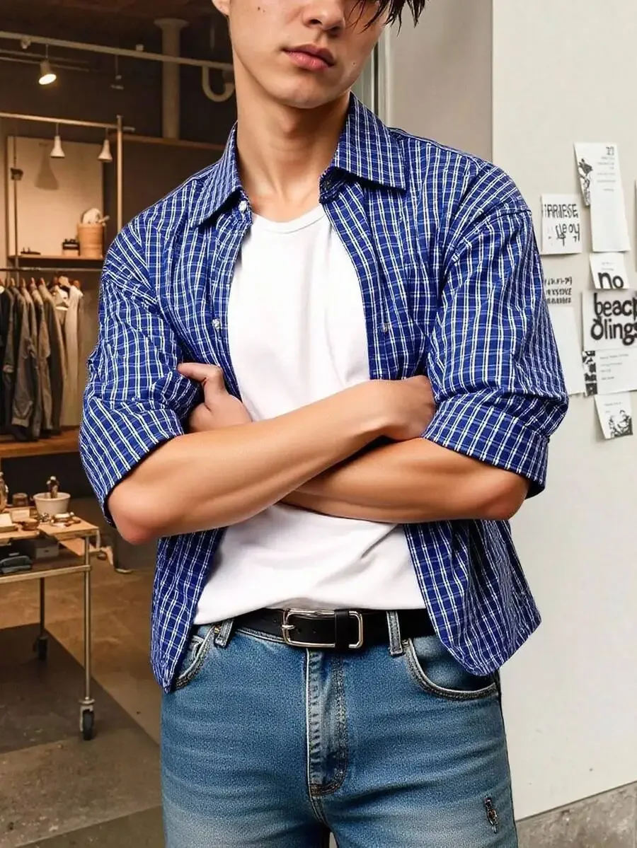 

Men's Blue White Plaid Short Sleeve Casual Cropped Shirt