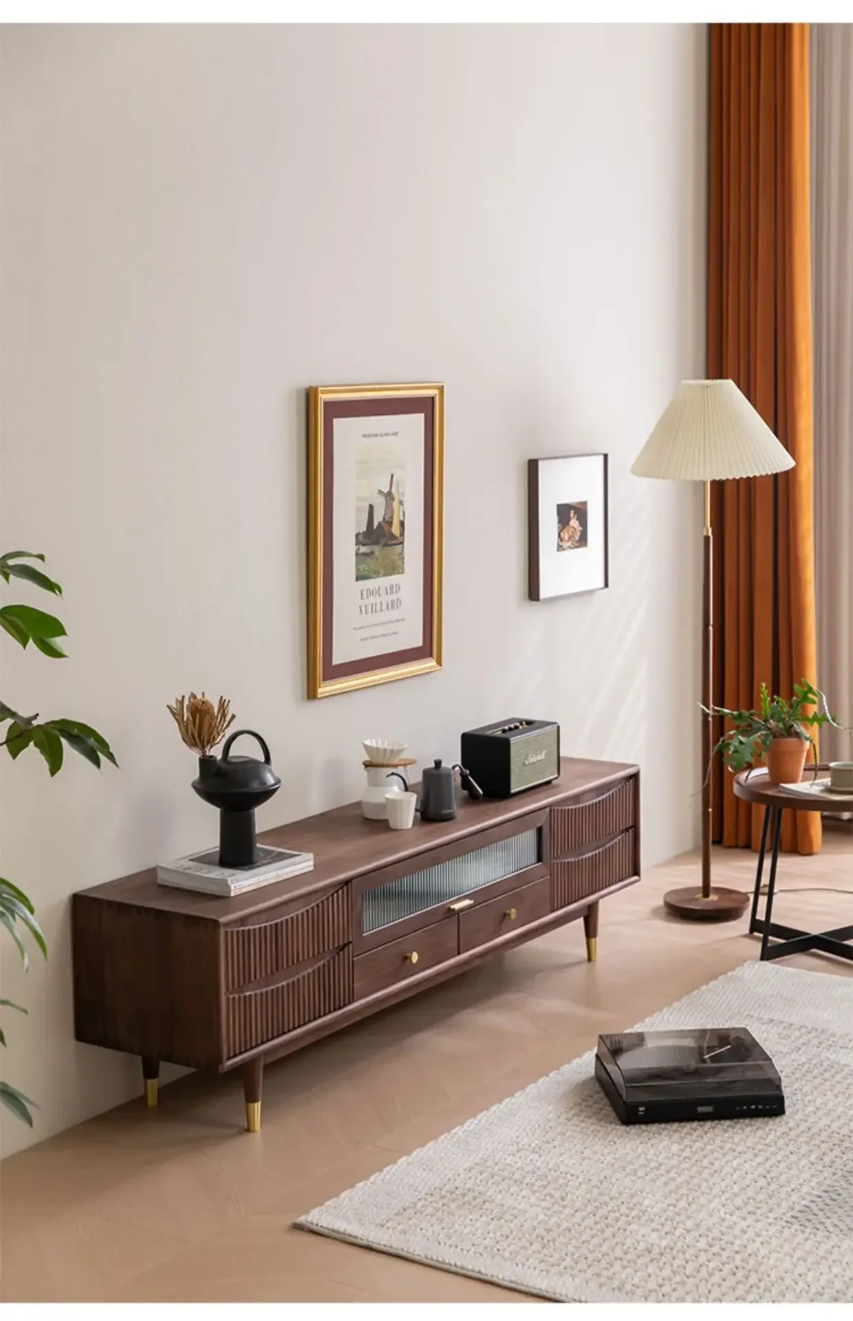 Nordic black walnut TV cabinet living room simple modern small apartment all solid wood floor-to-ceiling TV short combination