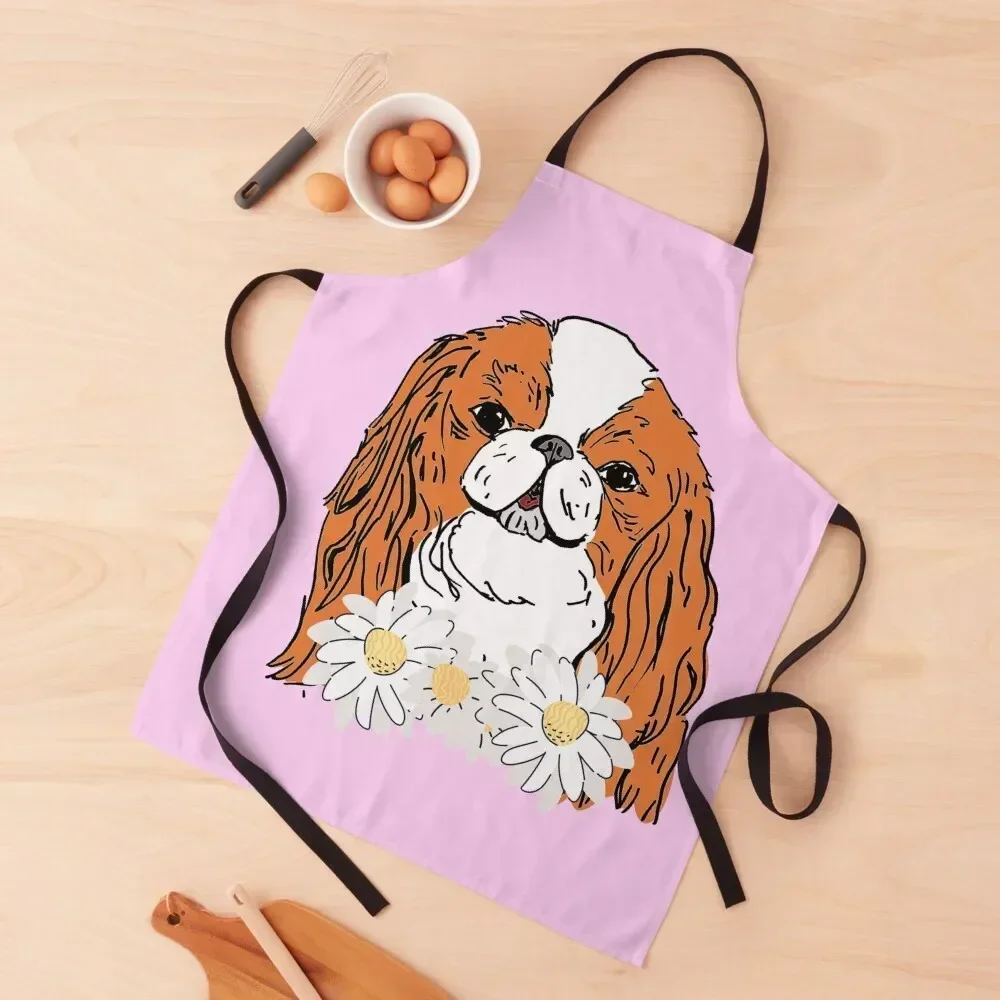 

English Toy Spaniel with flowers Apron kitchen girl man chef uniform Men's Kitchen painters Apron
