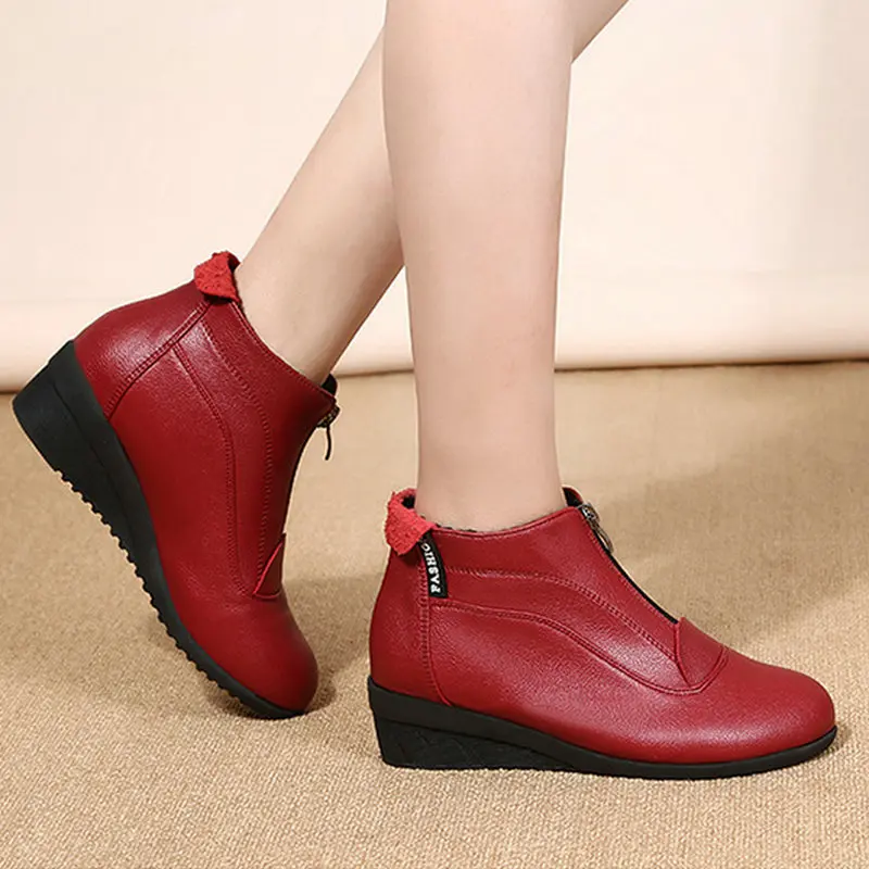 Autumn Winter Shoes Women Boots Genuine Leather Wedge Heels Non-slip Women's Ankle Boots Mother Thick Warm Famale Snow Boots