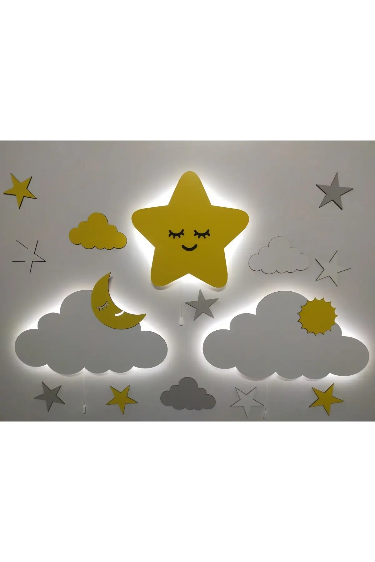 

Illuminated Cute Star Clouds Small Stars and Small Clouds Wooden Night Light Led Decorative Illuminated Kids Room