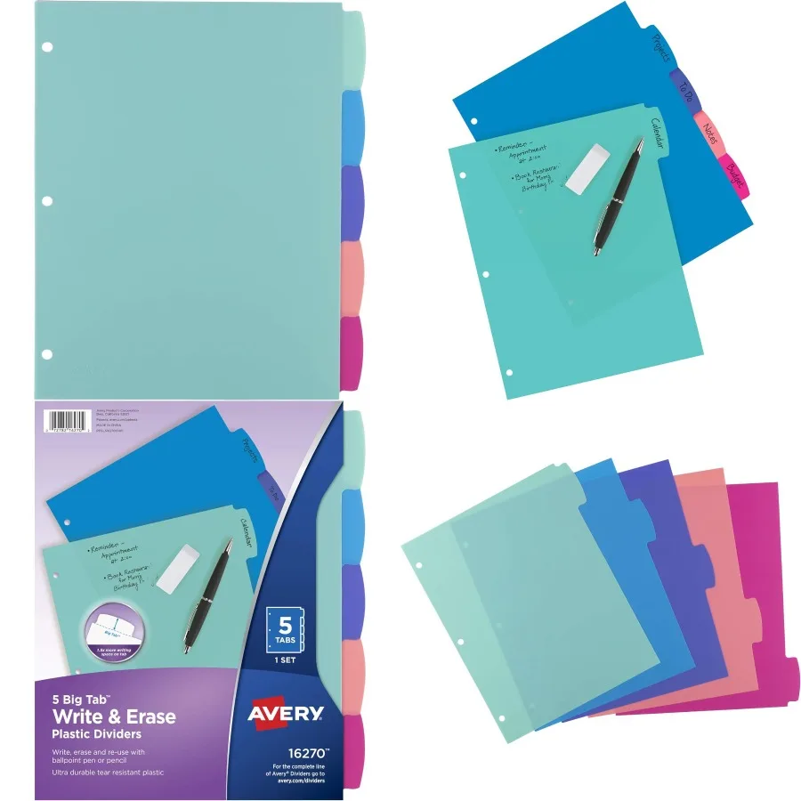 

Multicolor Pastel Write Erase Dividers with 5 Tabs for 3 Ring Binders Ideal for Organizing Reports Projects and Academic Materi