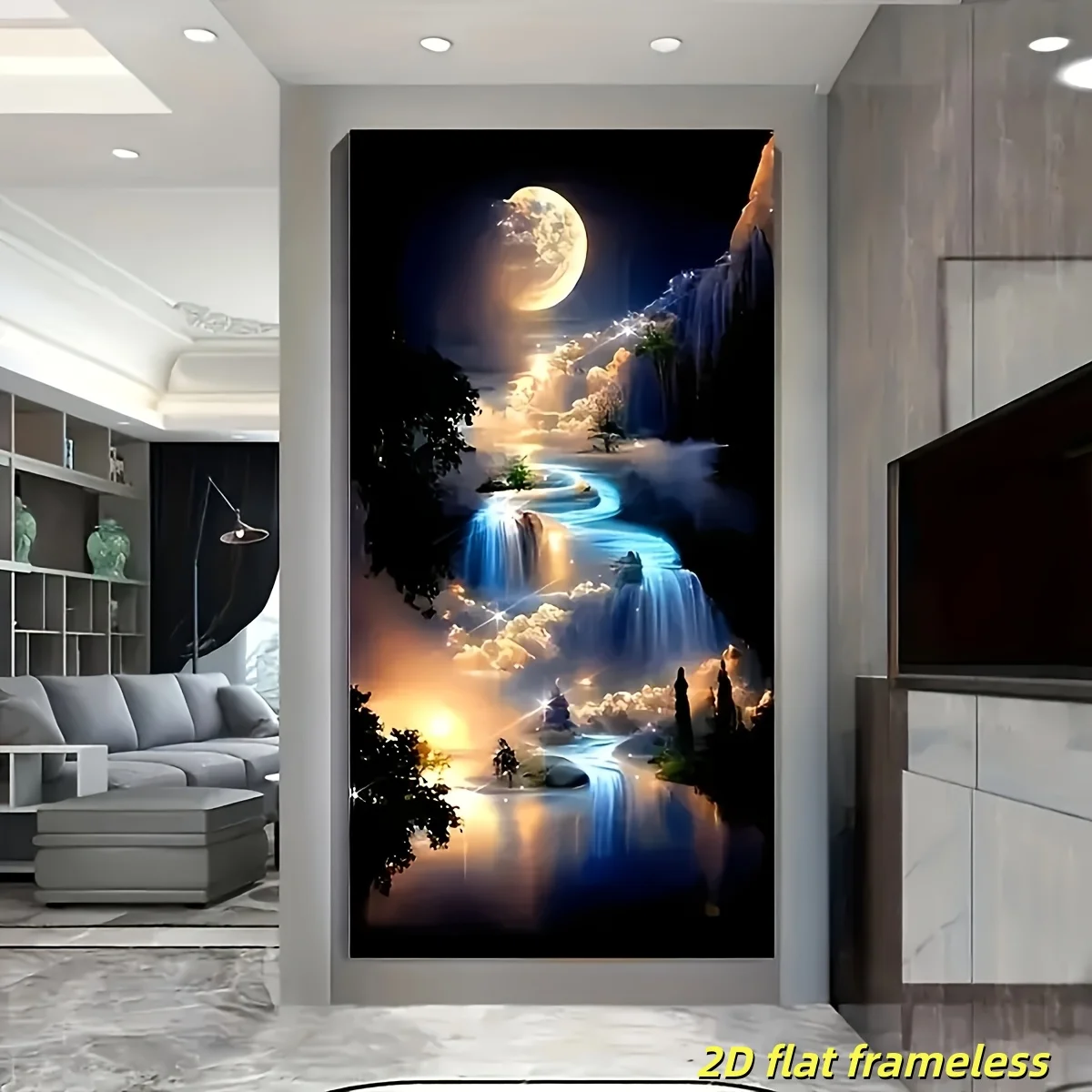 1 modern abstract waterfall moon canvas poster, 2D flat printing frameless painting for wall decoration in office and living roo