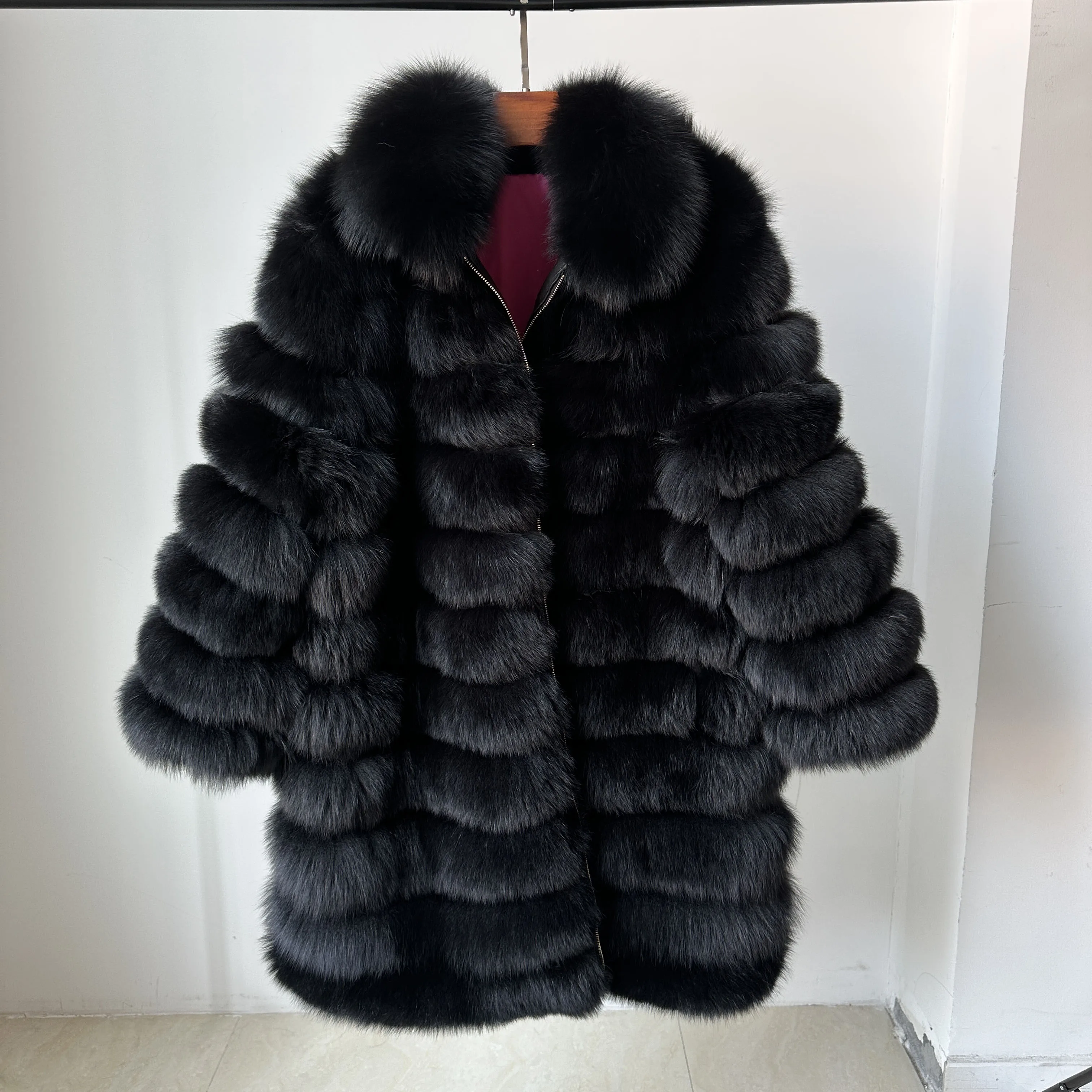 New Fashion Black Real Fox Fur Coat Long Style Women Plus Size Fluffy Fur Jacket With Zipper Winter Female Casual Outerwear