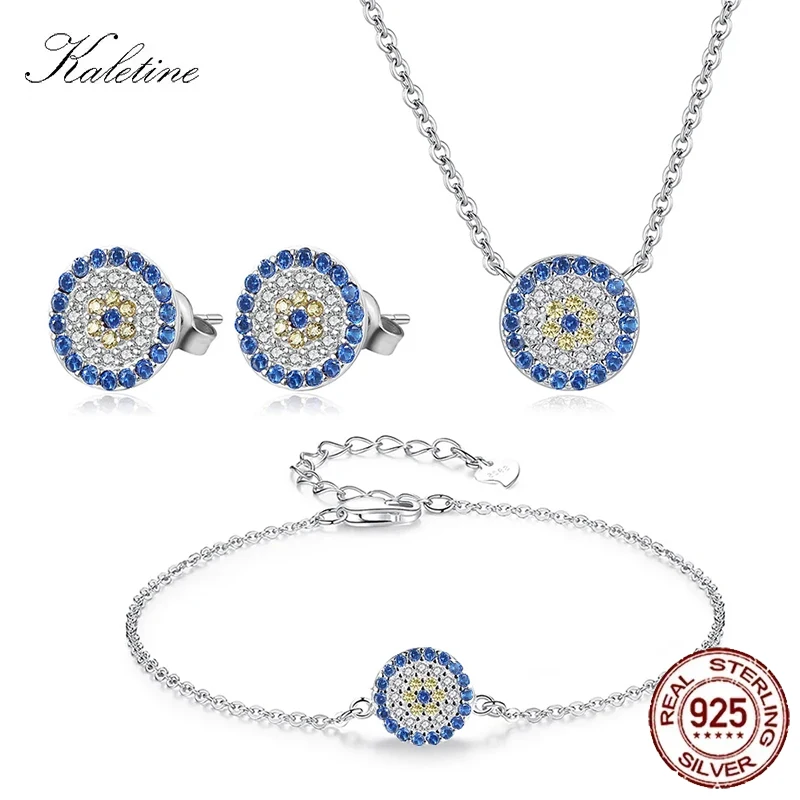 

KALETINE стерлингового серебра 925 пробы, комплект украшений от сглаза, свадебные комплекты ювелирных изделий, ожерелье, женские серьги, браслет, синий циркон, турецкий круглый