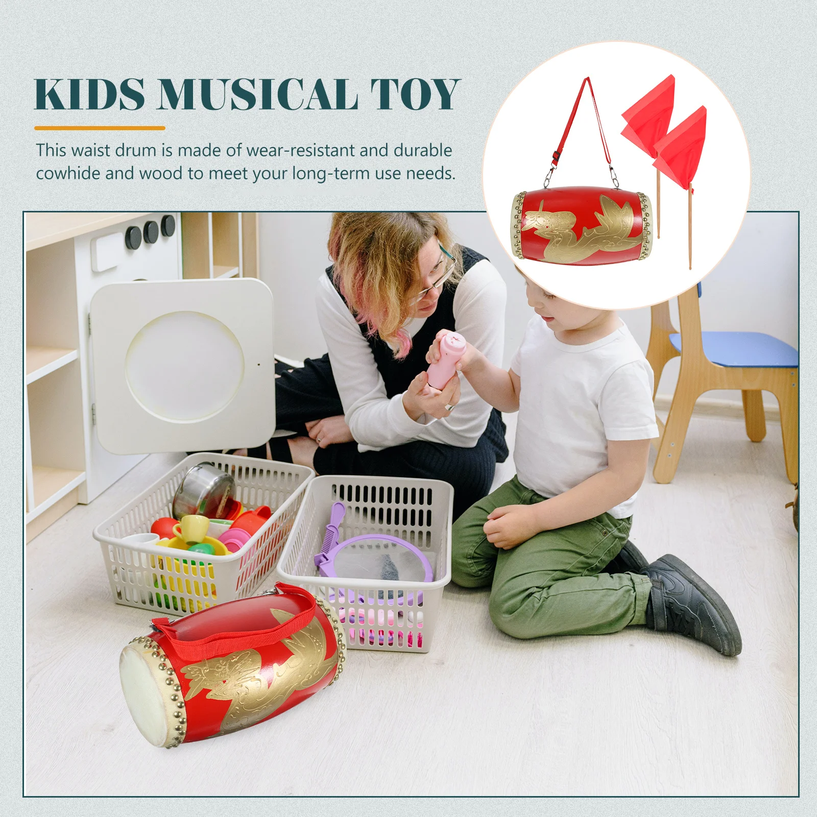

1Pcs Red Dragon Pattern Waist Drum Wooden Cowhide Adjustable Strap Portable Children's Traditional Chinese Performance