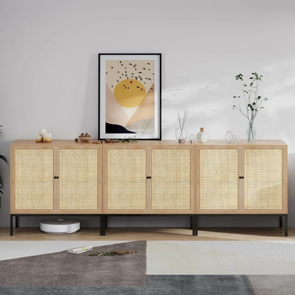 Set of 3 Sideboard with Handmade Natural Rattan Doors, Rattan Cabinet Console Table Storage Cabinet Buffet Cabinet