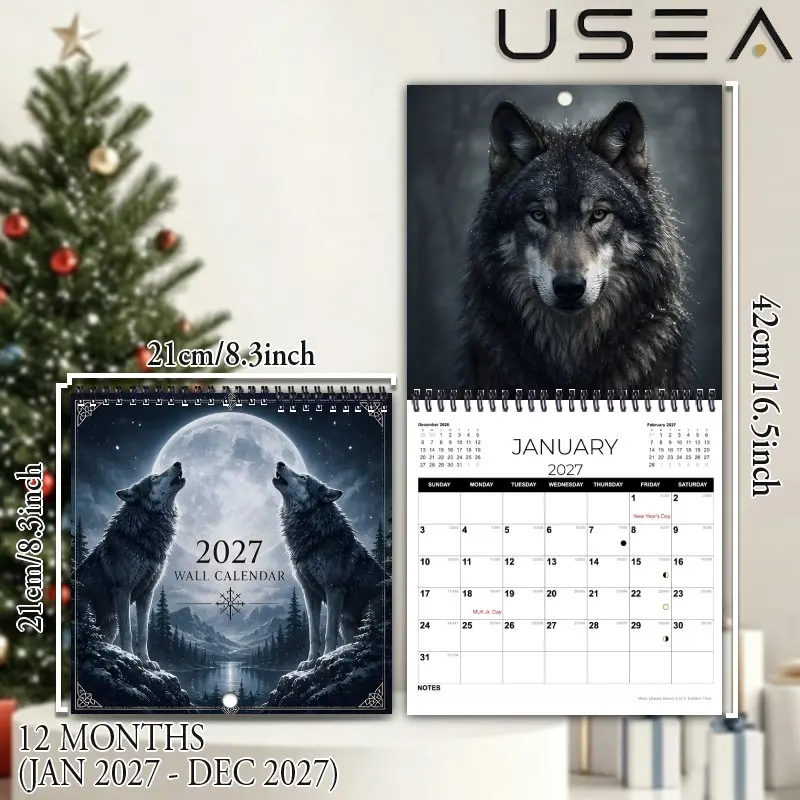 Wolf Themed2027Wall Calendar Journal Twin Wire Spiral Binding Hanging Calendar Christmas New Year Gift for Mom Women Coworker