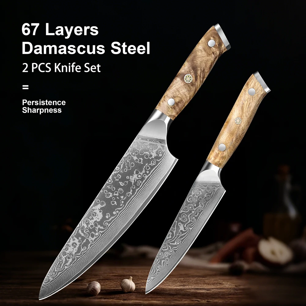 1-2PCS set Kitchen Chef Knife Damascus Steel 67 Layers Utility Knife Chef Knife Figured Sycamore Wood Handle Delicate Gift Box