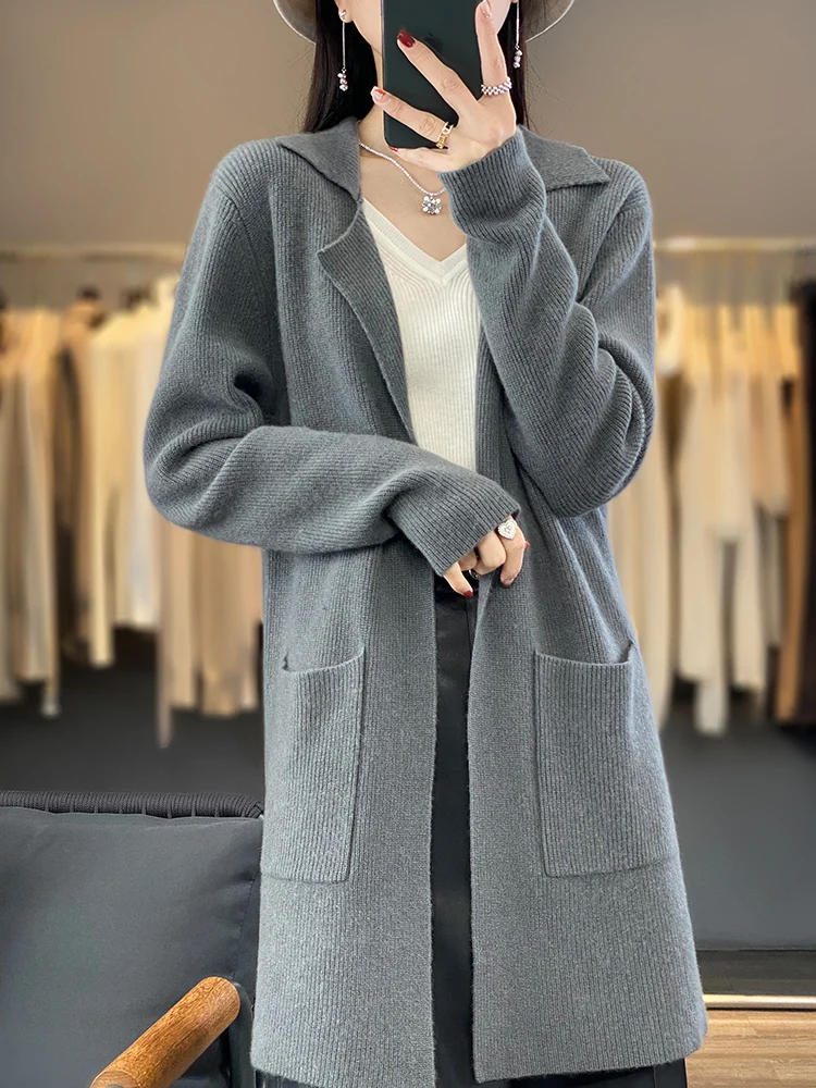 Choice Women Turn-down Collar Long Style Cardigan Long Sleeve Sweater Autumn Winter New Clothes 100% Merino Wool Knitwear Coat