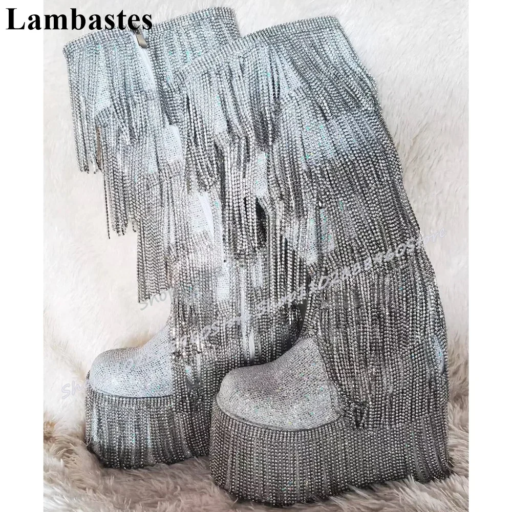 รองเท้าบูทส้นตึกแบบมีคริสตัลประดับสีเงิน ความยาวครึ่งน่อง แต่งพู่ห้อย  แบบมีซิปด้านข้าง หัวกลม สีชมพู สไตล์ทันสมัย