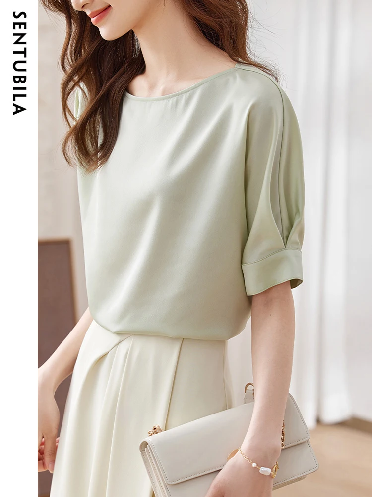 SENTUBILA Elegant Chiffon Blouses Tops Women Fashion O Neck Half Raglan Sleeves Office Lady Solid Basic Straight  Summer Shirts