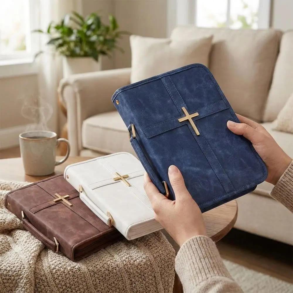 Cross-themed Vegan Leather Bible Cover Dust-proof Built-in Bookmark Ribbon Bible Carrying Case Scratch Resistant Zipper Closure