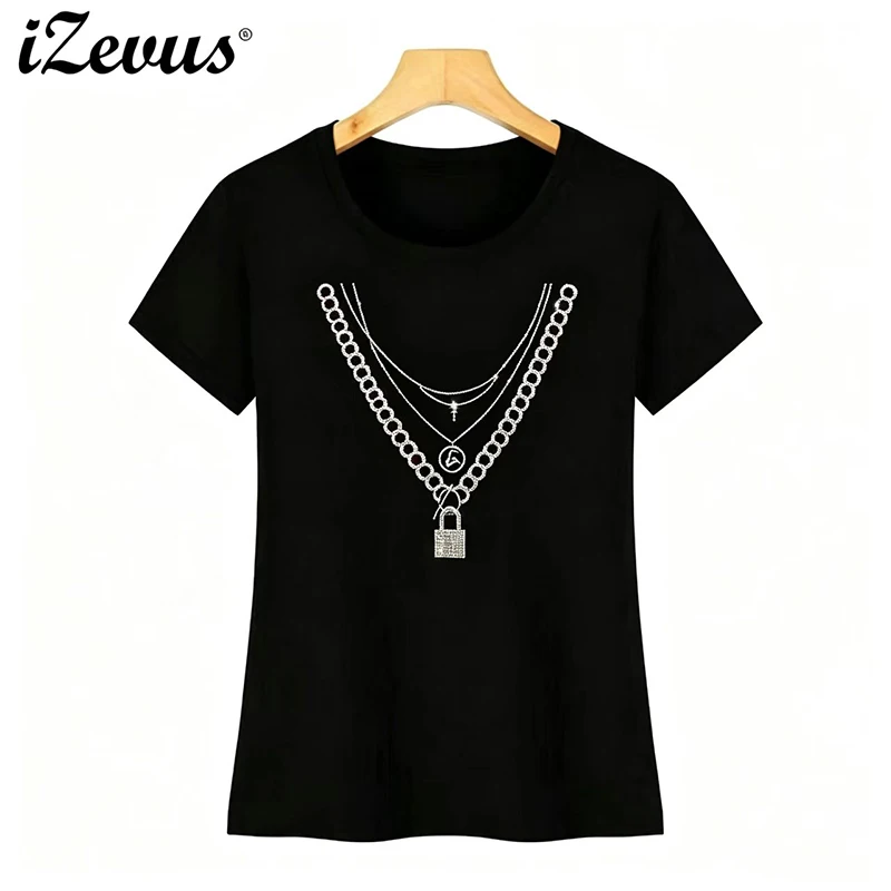 IZEVUS Fashionable Women's Short-Sleeved T-Shirt with Diamond Necklace Casual Stylish Top for Women