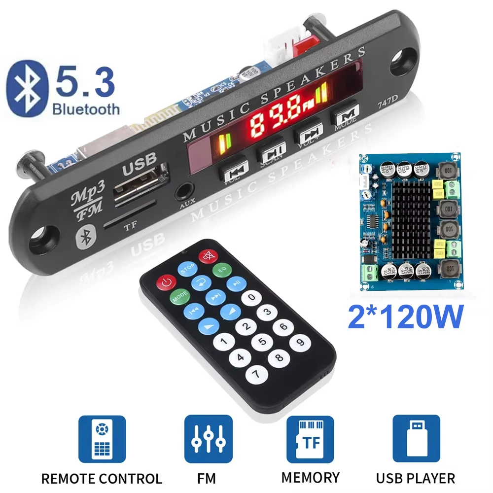 لوحة فك التشفير 9 فولت 12 فولت مشغل MP3 للسيارة FM وحدة راديو تدعم USB SD TF AUX مع جهاز تحكم عن بعد ,120W Amplifier Bluetooth 5.3 MP3 Decoder Board 9V 12V MP3 Player Car FM Radio Module Support USB SD TF AUX