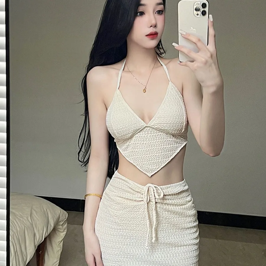 

Pure Desire Style Spice Girl Sexy Neck Sling Vest Summer French High Waist Exposed Navel Short Fishbone Set Swimwear