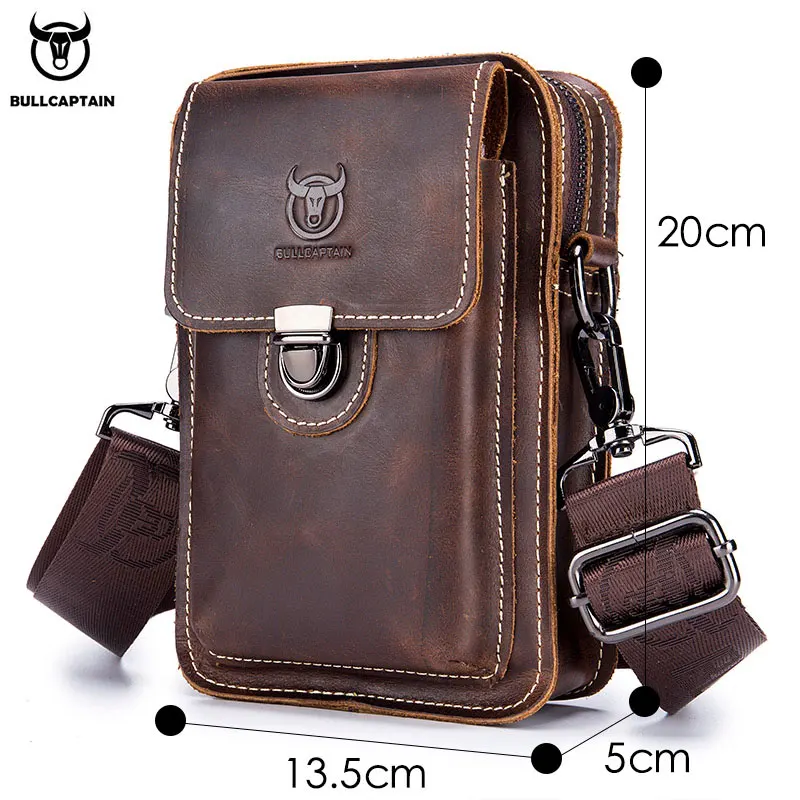 BULLCAPTAIN Crazy Horse Leather Male Waist Pack Phone Pouch Bags Waist Bag Men\'s Small Chest Shoulder Belt Bag Back Pack YB075