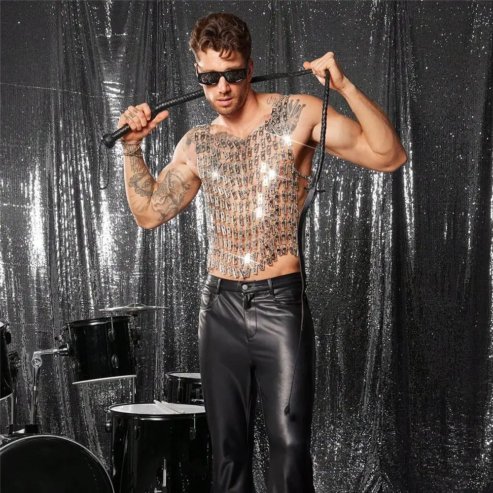 ยุโรปและอเมริกาแฟชั่น Heavy-Duty อะคริลิค Mirrored เสื้อกั๊กผู้ชาย Handcrafted Diamond-Encrusted Openwork พราวแจ็คเก็ต