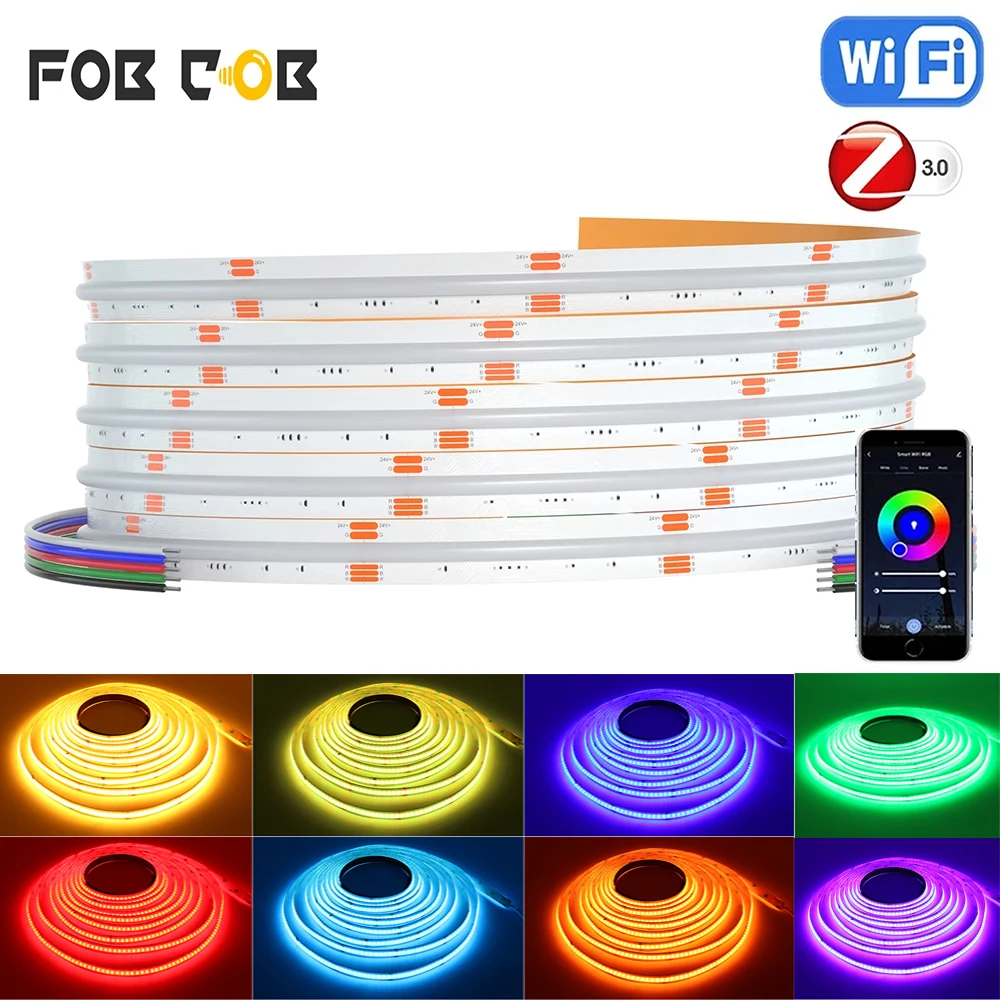 24V RGBW COB LED Strip Light RGB+3000K Flexible Colorful Dimmable LED Tape Light Bar COB Linear Lighting High Density for Indoor