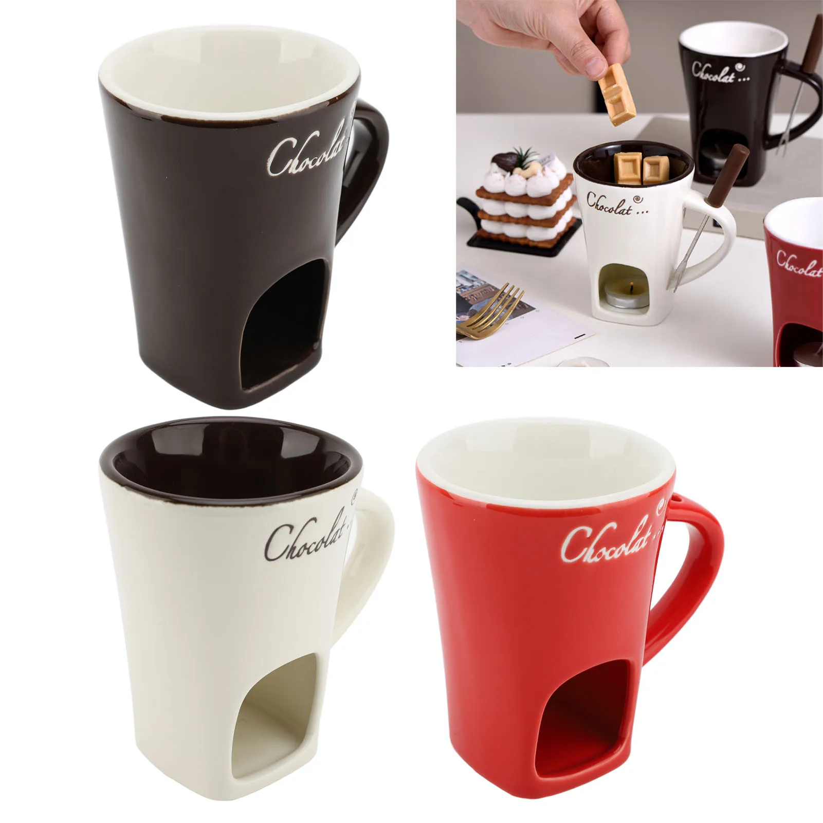 Calentador de mantequilla de cerámica, taza para Fondue derretir Chocolate, olla calentadora de mantequilla de cerámica, suministros para derretir Chocolate con tenedor para Cocina