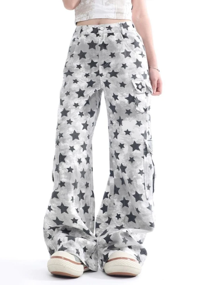 ADAgirl Y2K Vintage Star Print Cargo Pants Women Wide Leg Trousers Oversize Streetwear American Retro Jeans Casual Fashion Pants