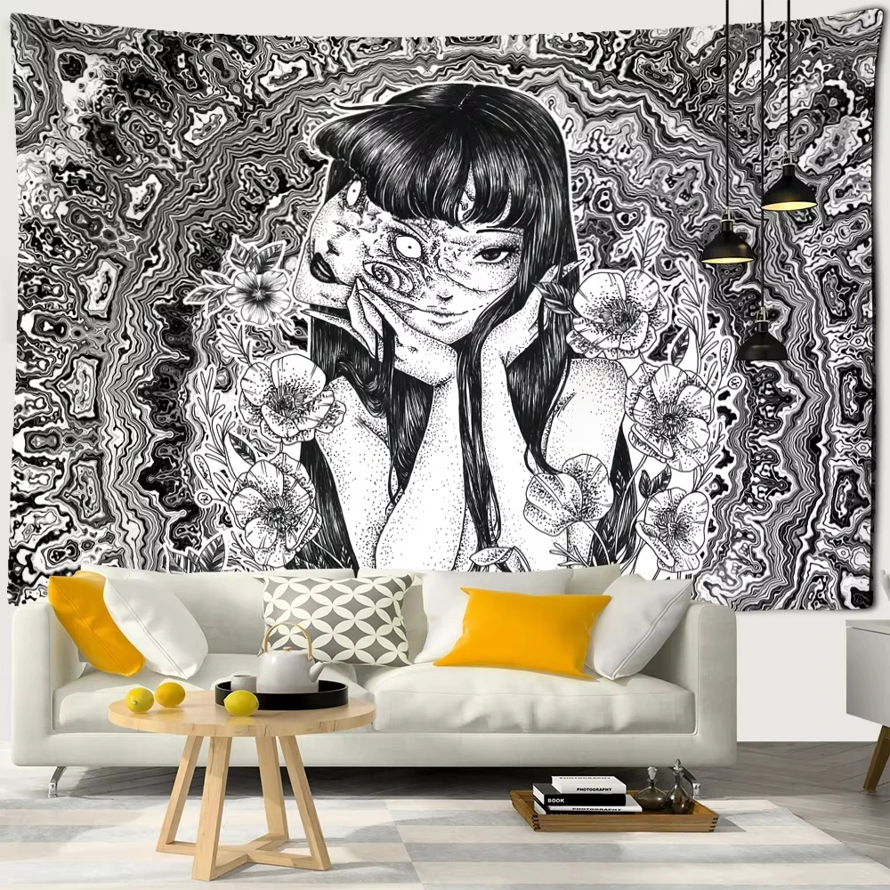VIKAMA Junji Ito Horror-Wandteppich, Tomie, schwarz-weiß, Anime-Wandbehang für Schlafzimmer, Wohnzimmer, Wohnheim, Gothic-Raumdekoration