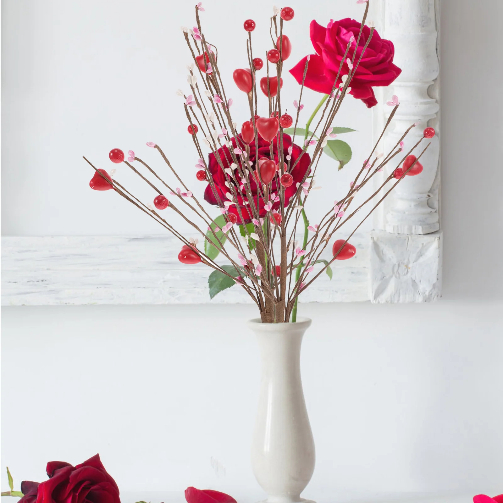 

3Pcs Red Heart Shaped Picks Artificial Berry Stems Valentines Day Decor Wedding Anniversary Vase Filler Party Decor