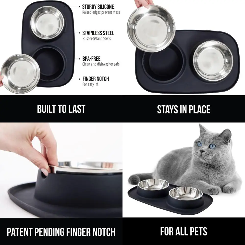 

Feeding Mat Set, 4 Cup, Patent Pending 100% Waterproof BPA Free Silicone, Stainless Steel Cat and Dog Bowls, Slip Resistant, Hig